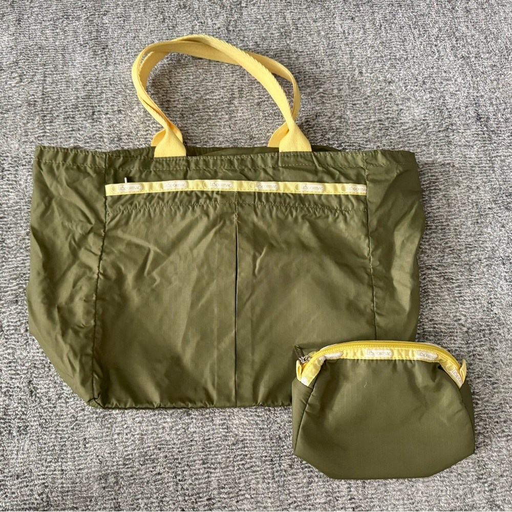 LeSportsac tote and matching cosmetic case. Army green and yellow.
